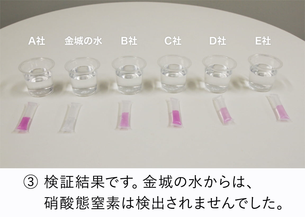 検証結果です。金城の水からは、硝酸態窒素は検出されませんでした。